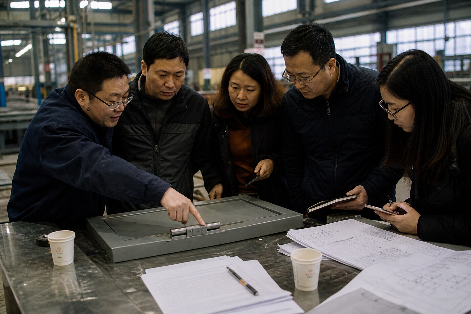 Chinese procurement team reviewing fire-rated steel door samples with frame and seal details