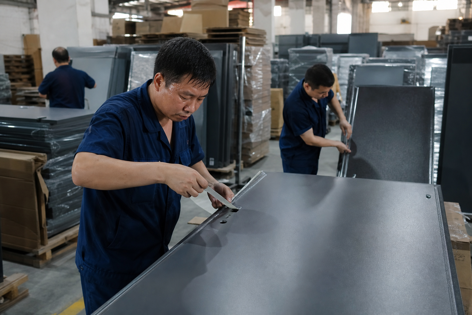 Chinese warehouse team sorting project doors by opening ID and packing sequence