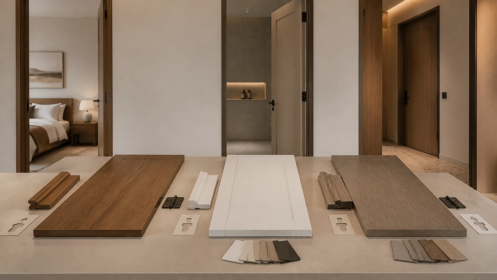 Wooden, white composite and WPC door material samples reviewed for different interior project areas