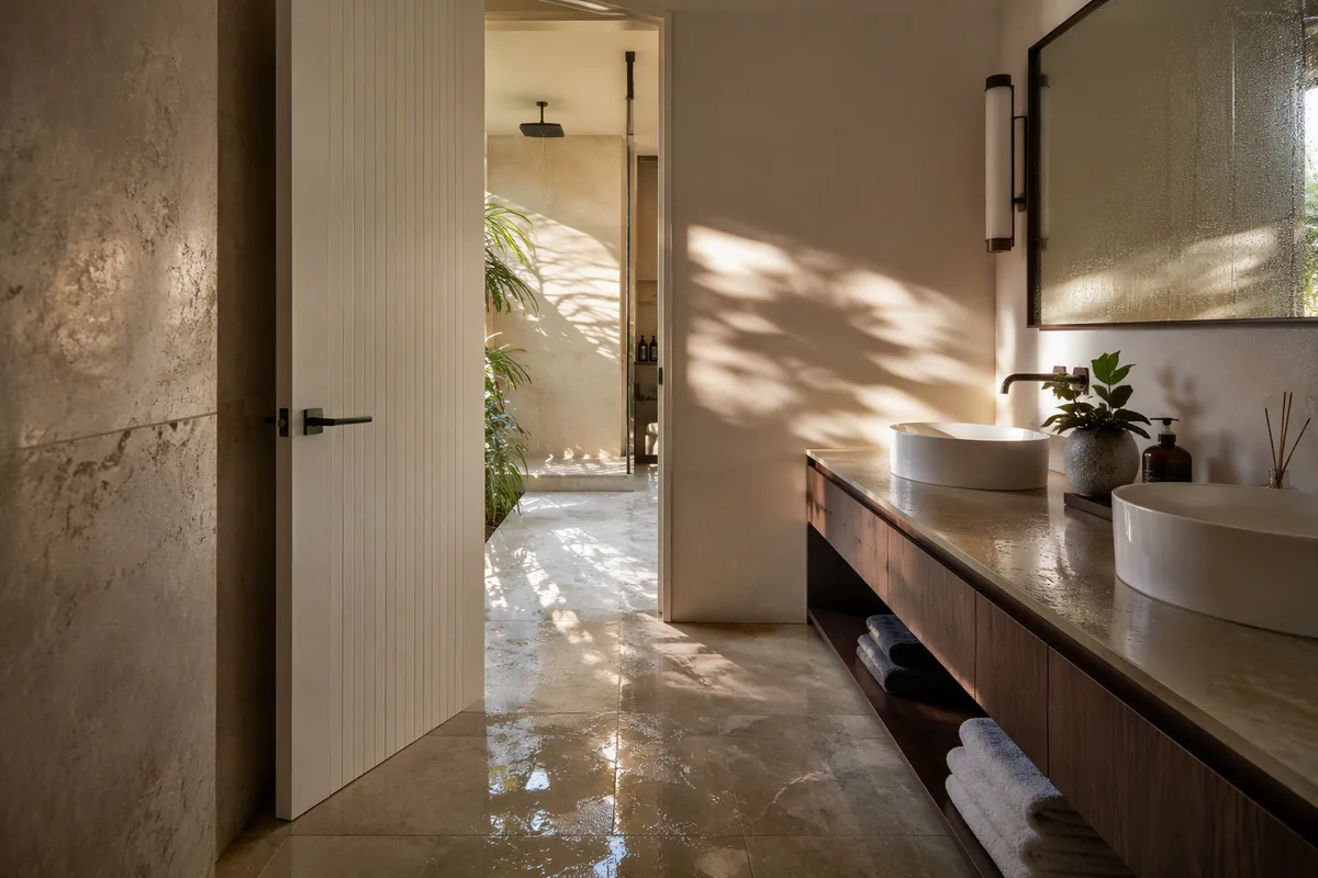 White WPC bathroom door in a humid tropical interior