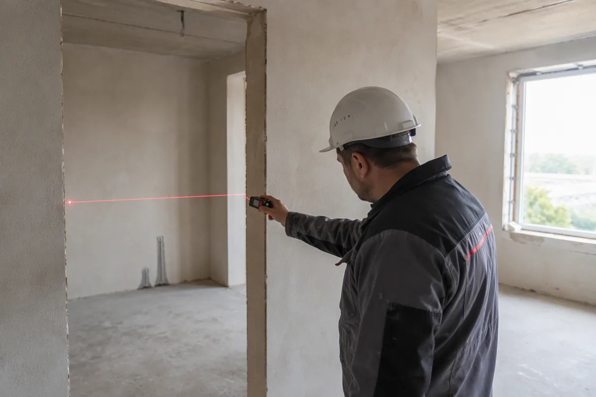 Measuring a rough door opening on an apartment construction site
