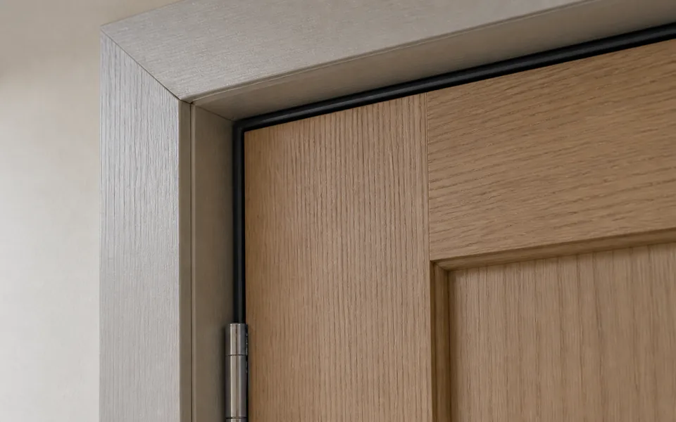 Close view of an acoustic door frame, compression seal and hinge-side edge