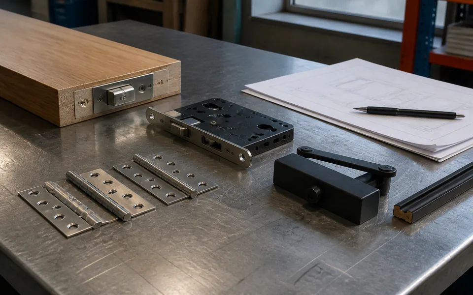Door hardware preparation board with lock body, hinges, closer and acoustic door notes