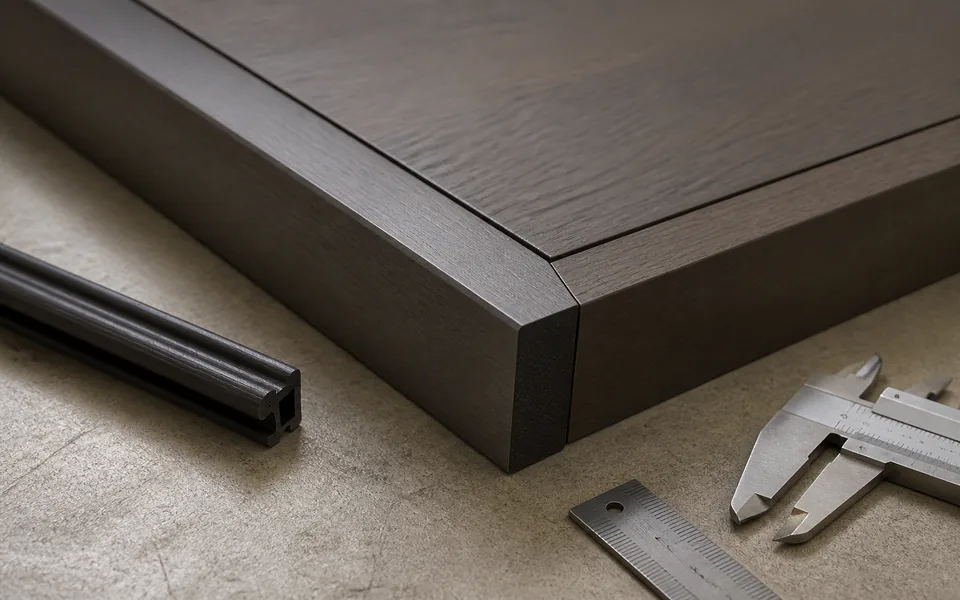 Close inspection of door finish, edge banding, corner detail and seal sample