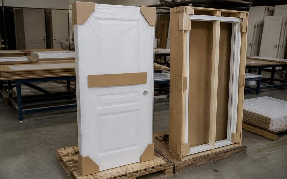 Approved door sample protected with corner guards before packing and dispatch
