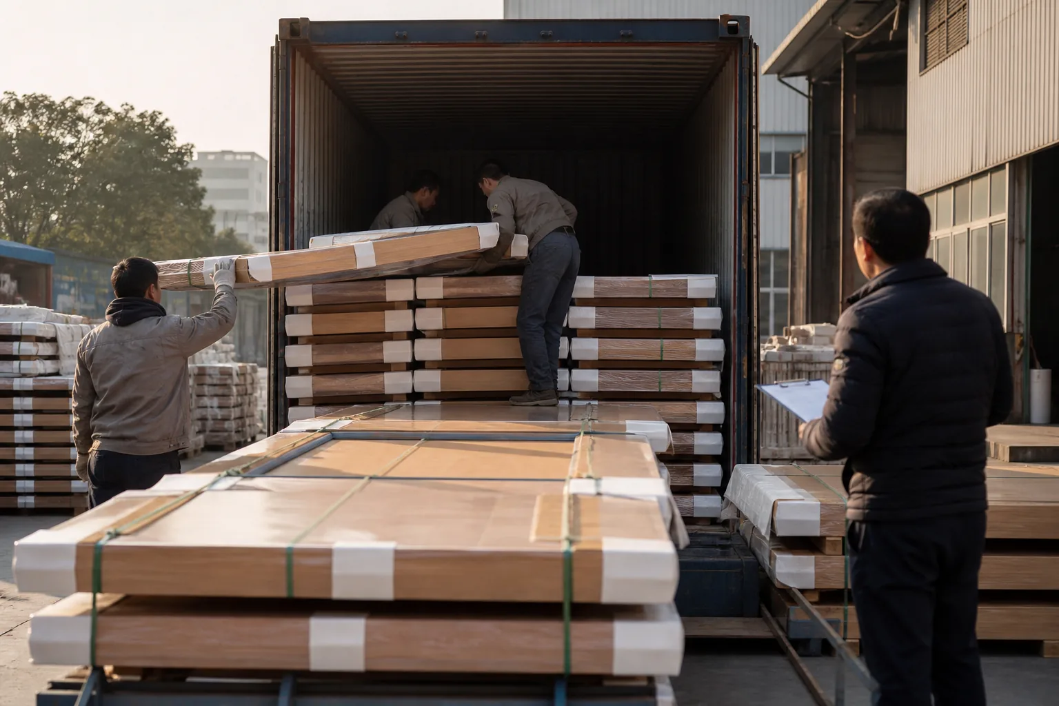 Supervisor checking protected door bundles during container loading