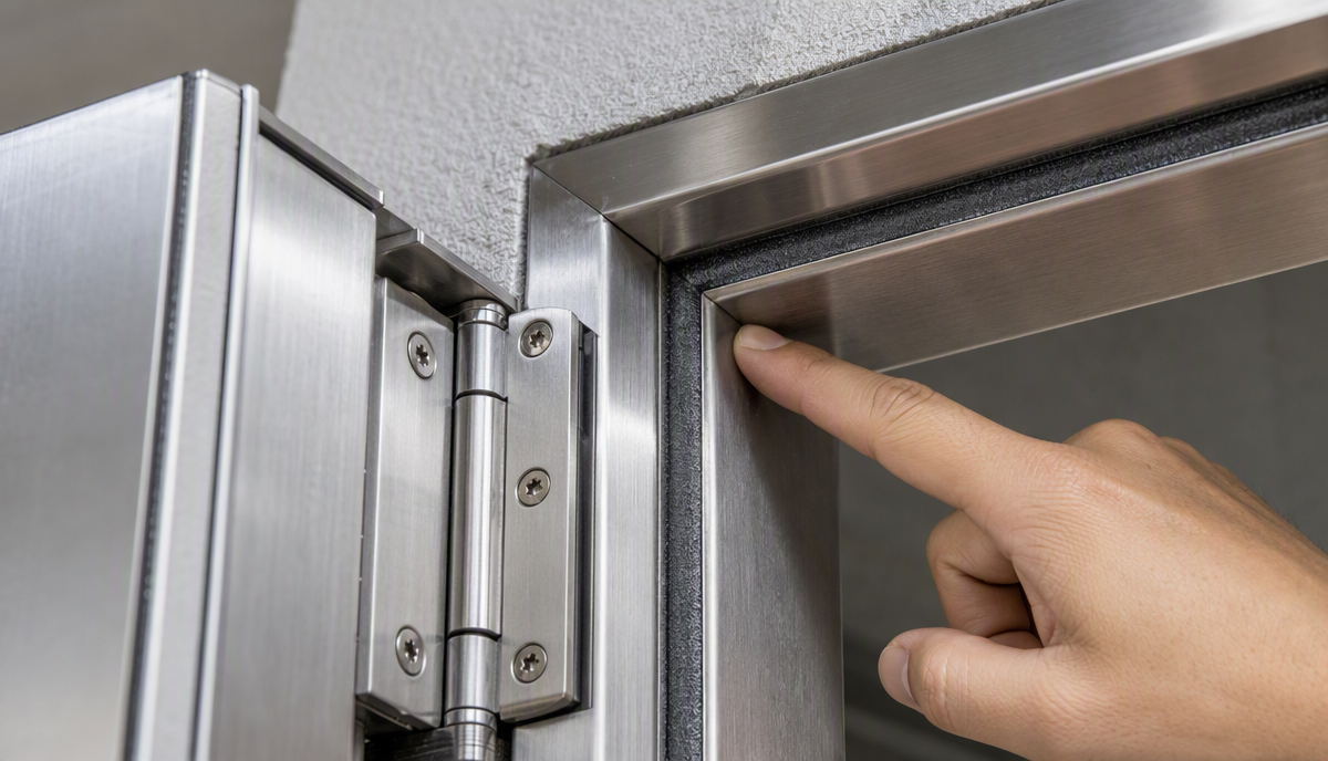 Fire-rated door frame, seal and hardware detail photographed in a real procurement review setting