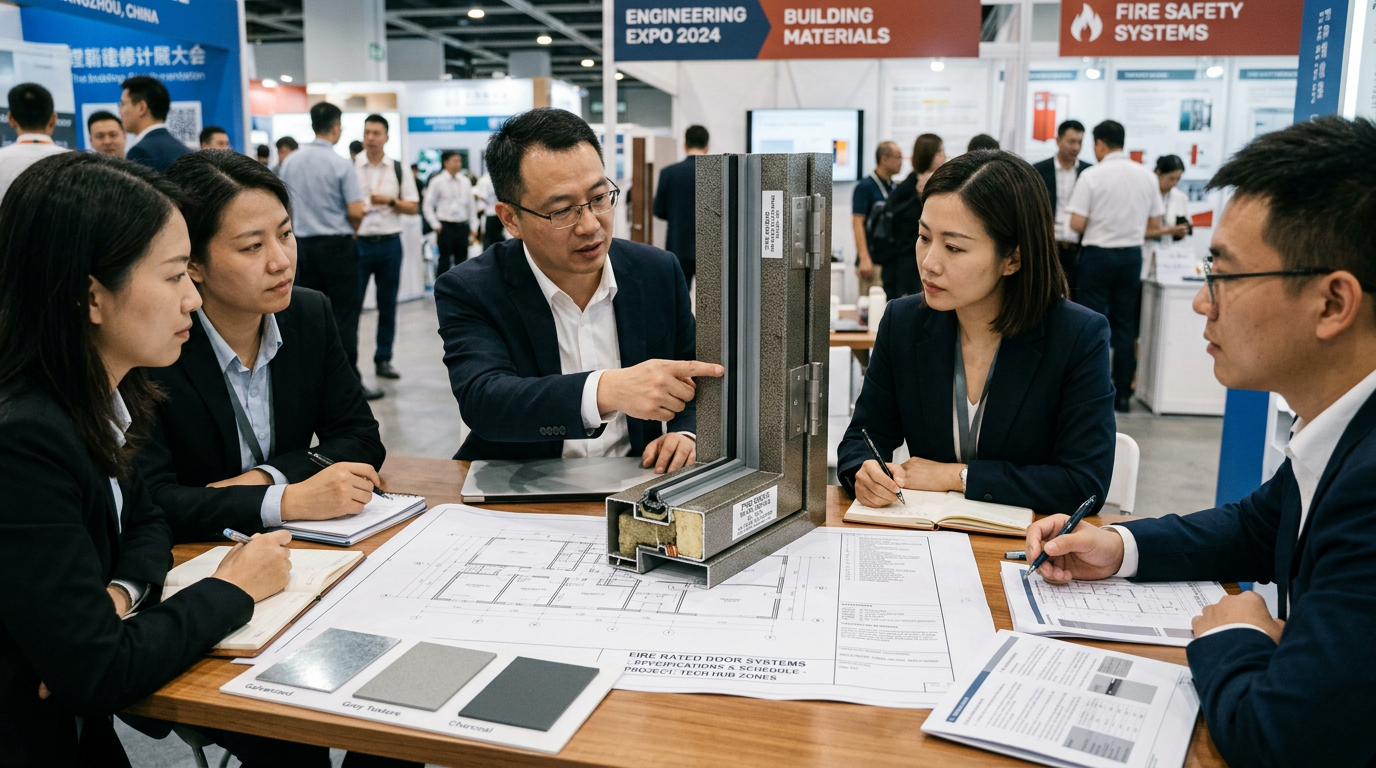Fire-rated steel door samples and hardware parts reviewed on a project procurement desk