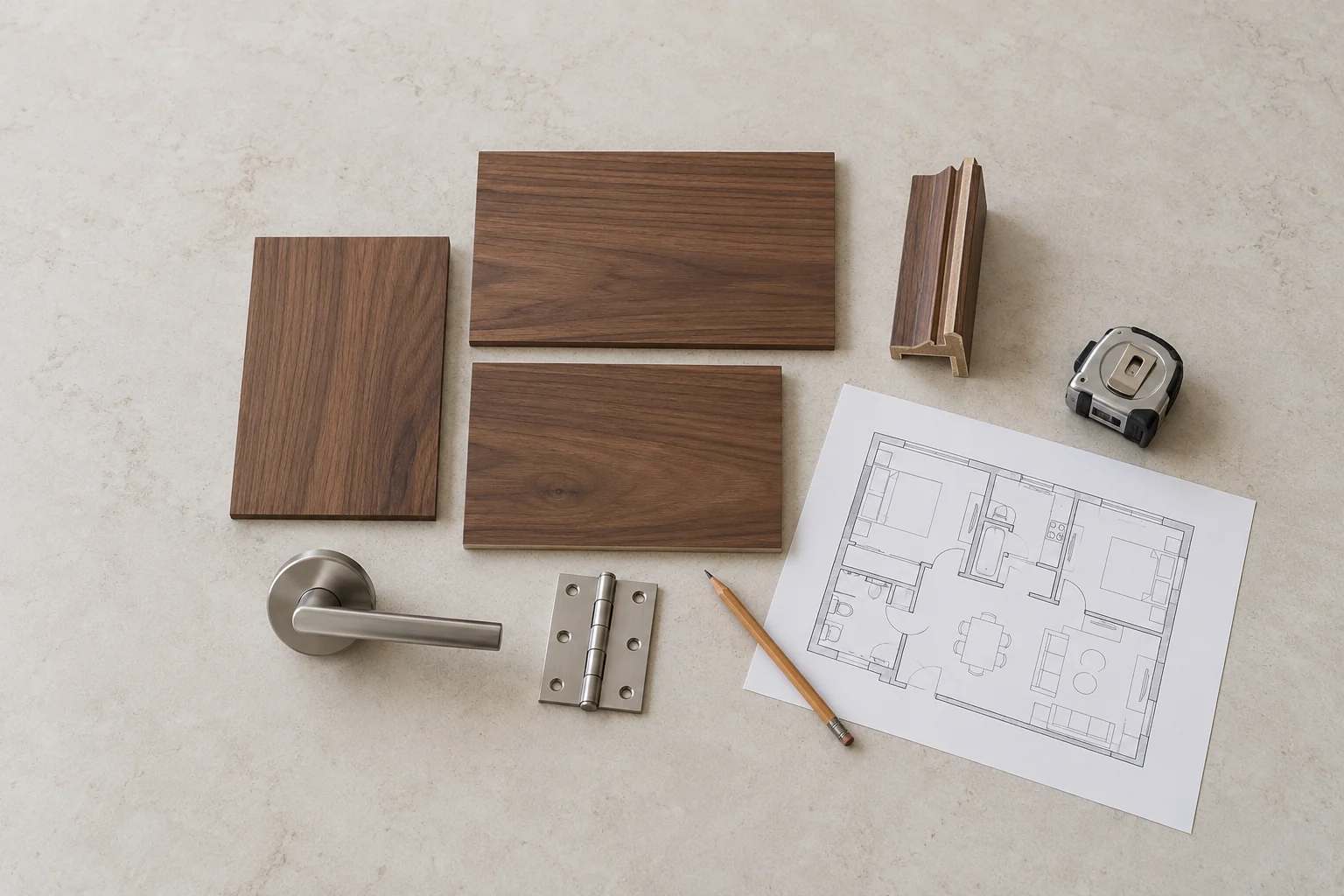 Wood finish samples, frame profile and hardware arranged beside a conceptual apartment plan