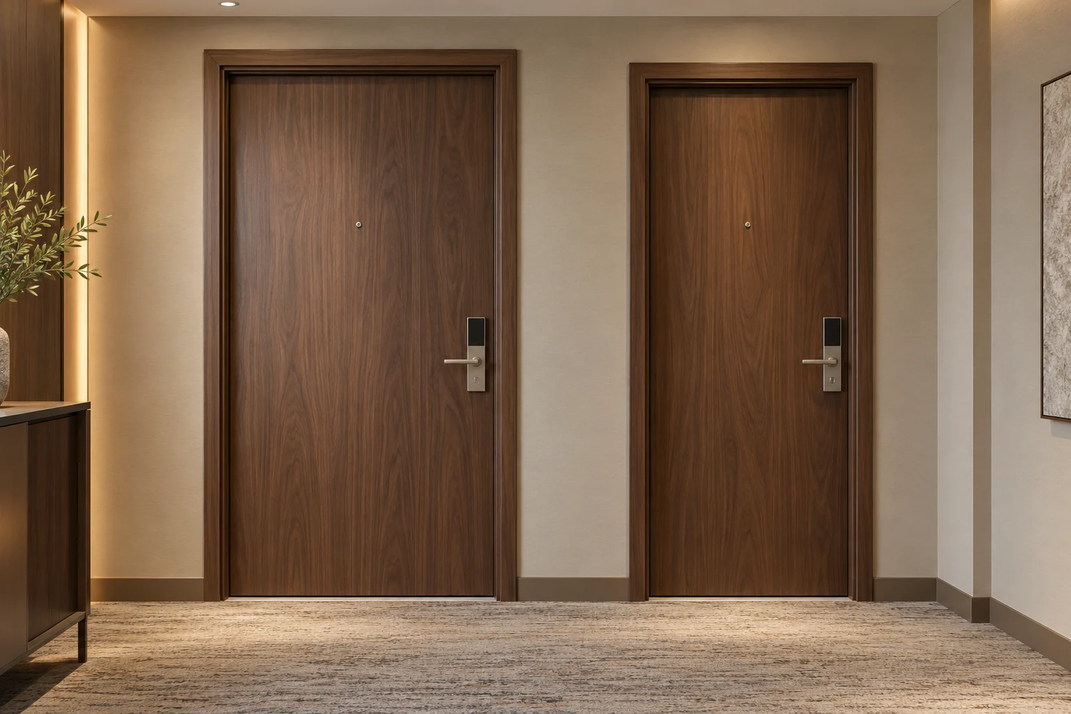 Two complete walnut-finish hotel door sets illustrating one design family across different openings