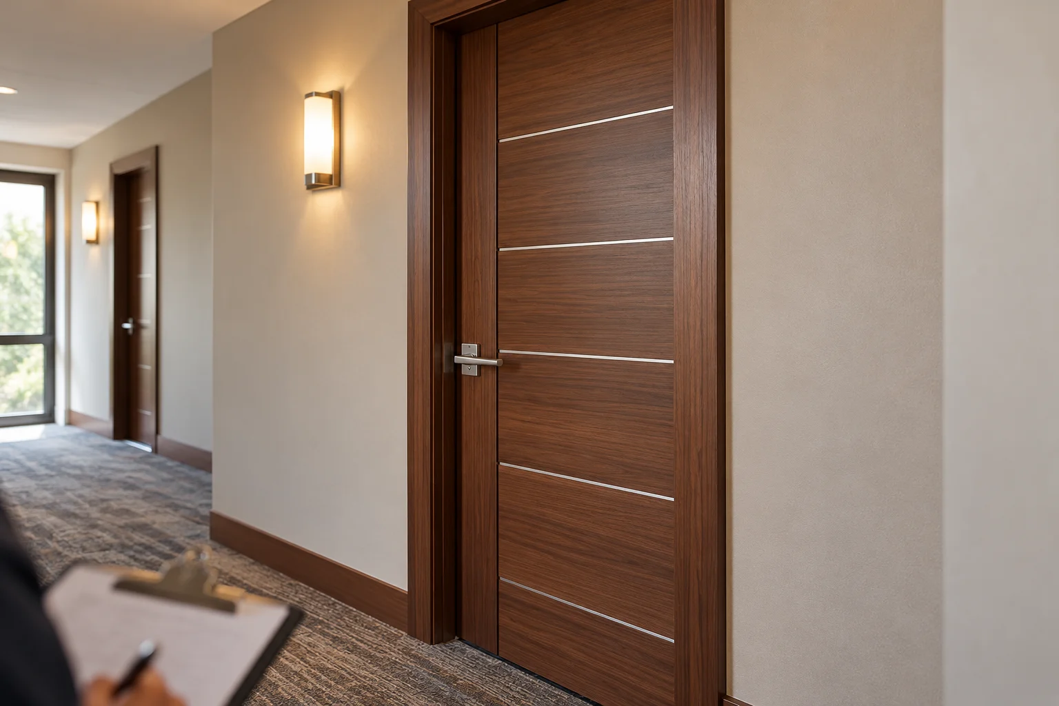 Wood veneer door and surrounding opening prepared for inspection.