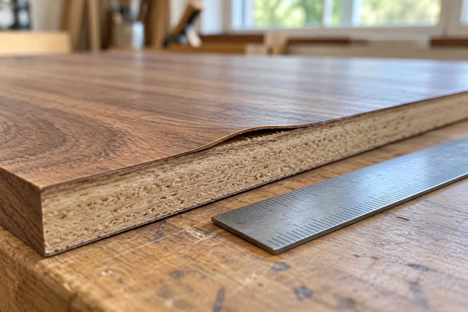 Close inspection of a lifted veneer edge on a demonstration panel.