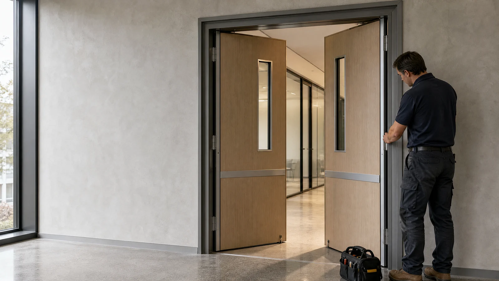 Illustrative pair of wooden-look doors with vision panels in a commercial corridor