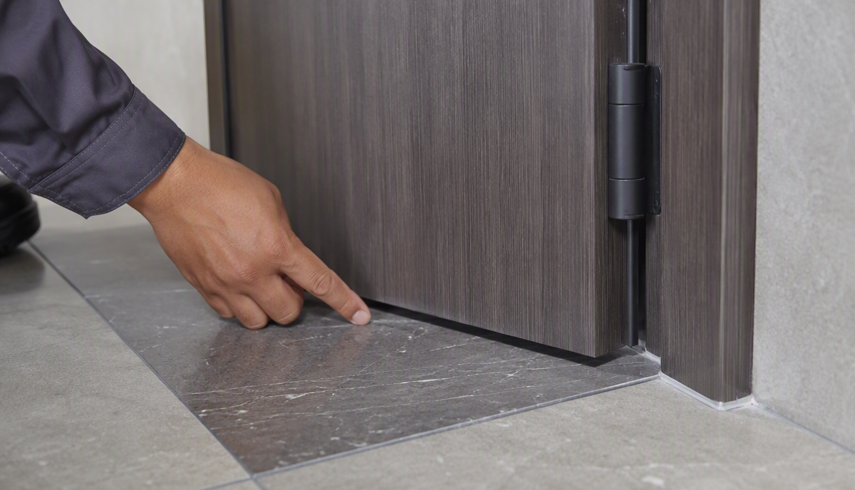 WPC door bottom edge, threshold and tile junction detail for humid-area installation