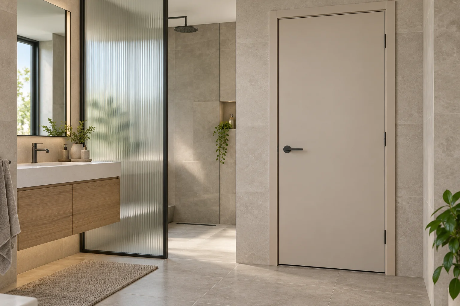 Illustrative smooth interior bathroom door separated from the shower by a glass screen