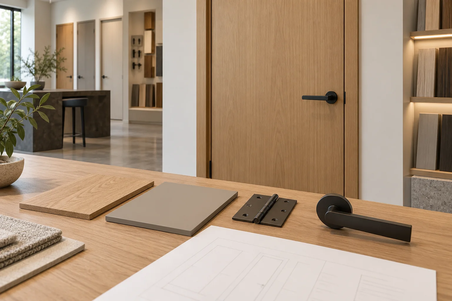 Illustrative door finish swatches, hinge and lever handle prepared for a specification review