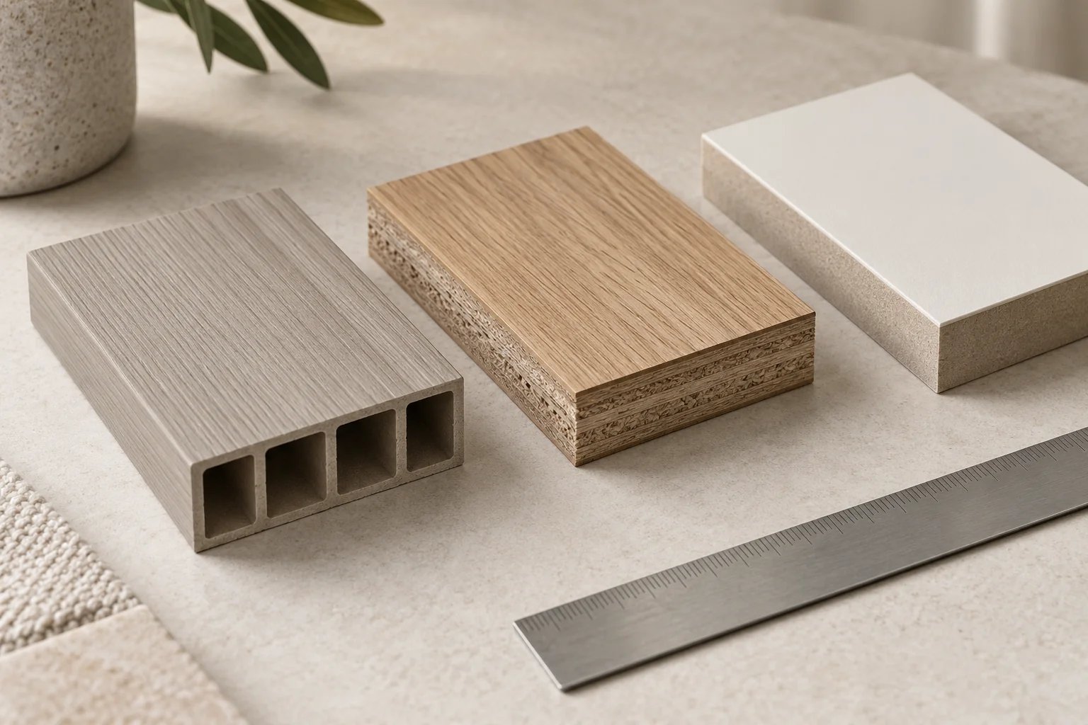 Generic illustrative composite sections with hollow profile, layered wood-based sample and smooth panel