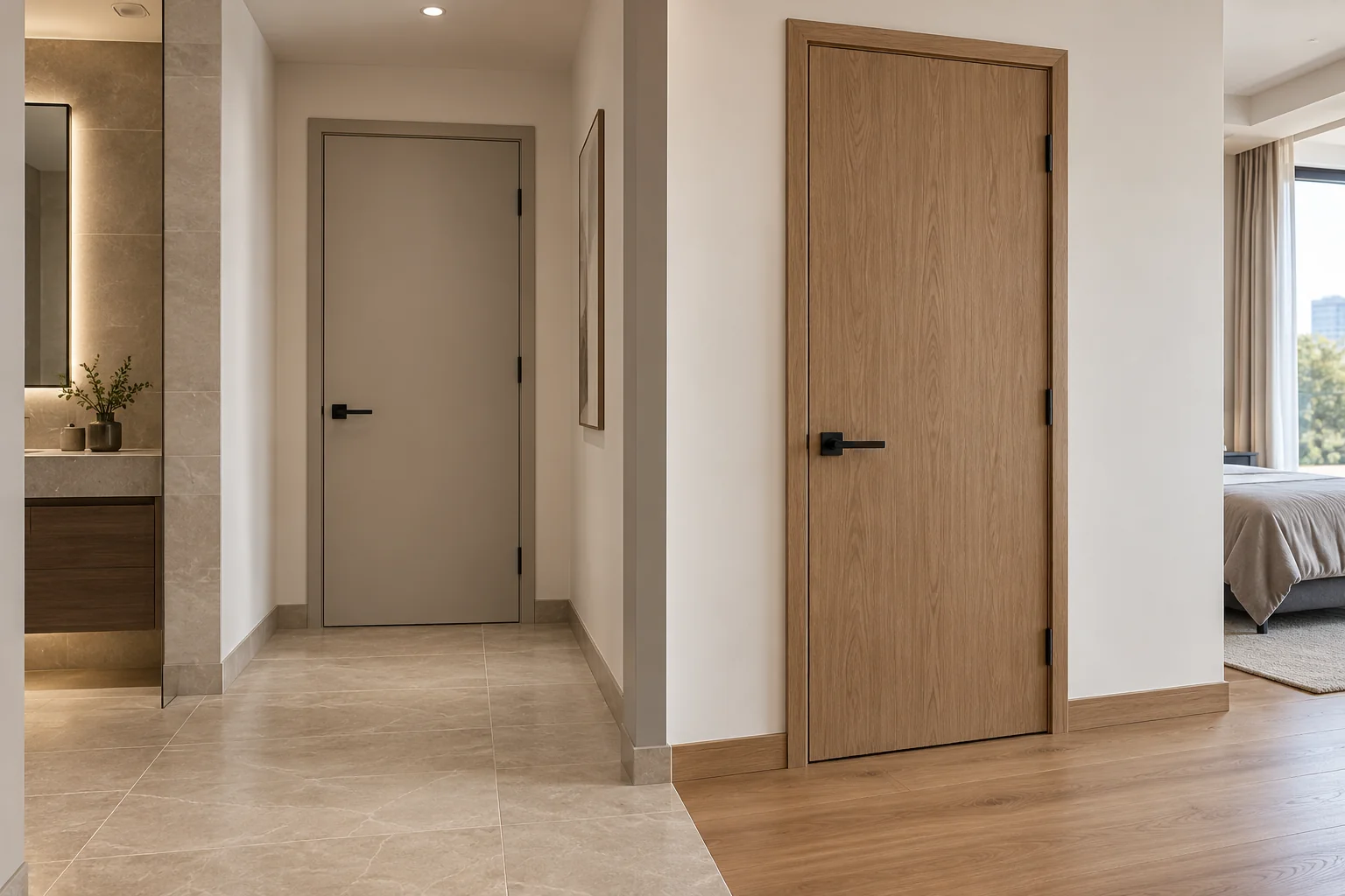 Illustrative apartment interior with smooth and wood-grain flush doors