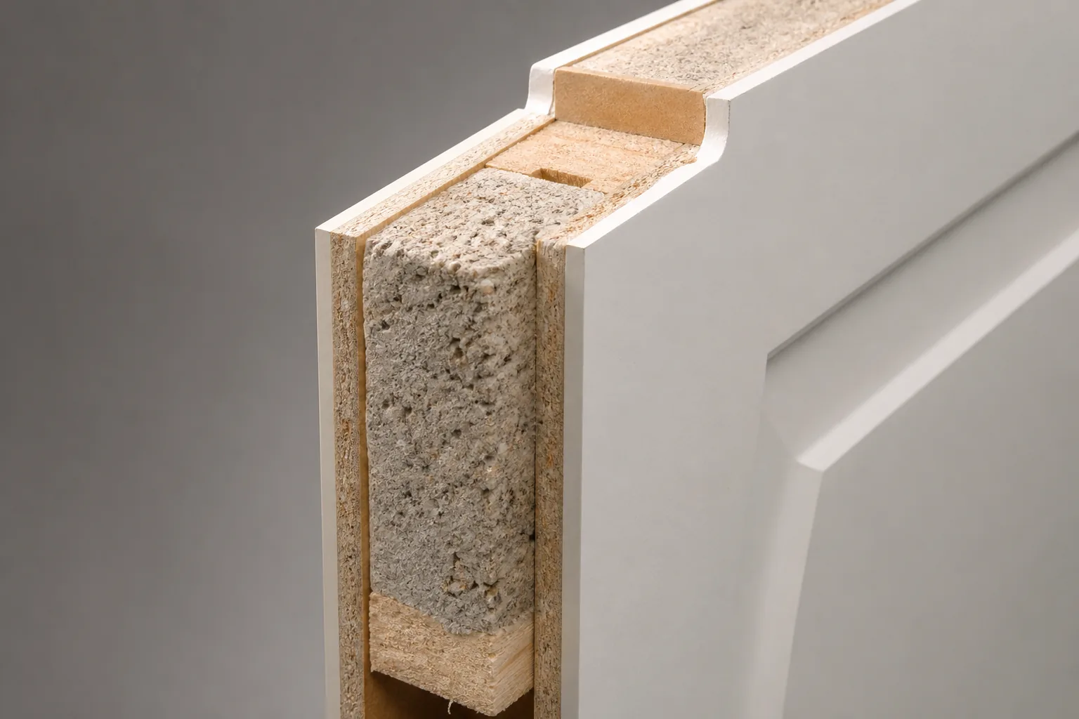 Cutaway acoustic door core showing dense layered construction