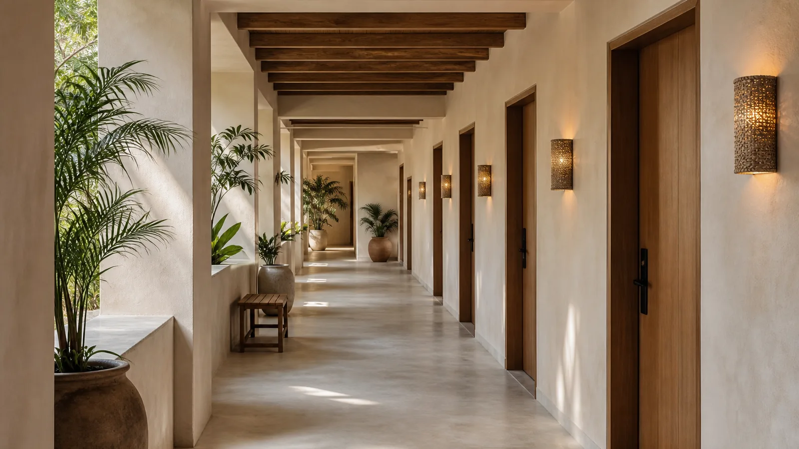 Mexico-inspired boutique hotel corridor with wooden guestroom door package