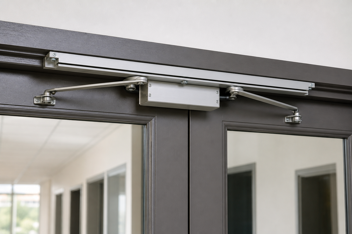 Overhead closer hardware installed on a double glazed swing door