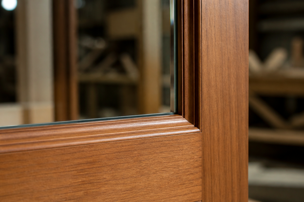 Close-up of glazed double swing door frame and divided glass panel detail