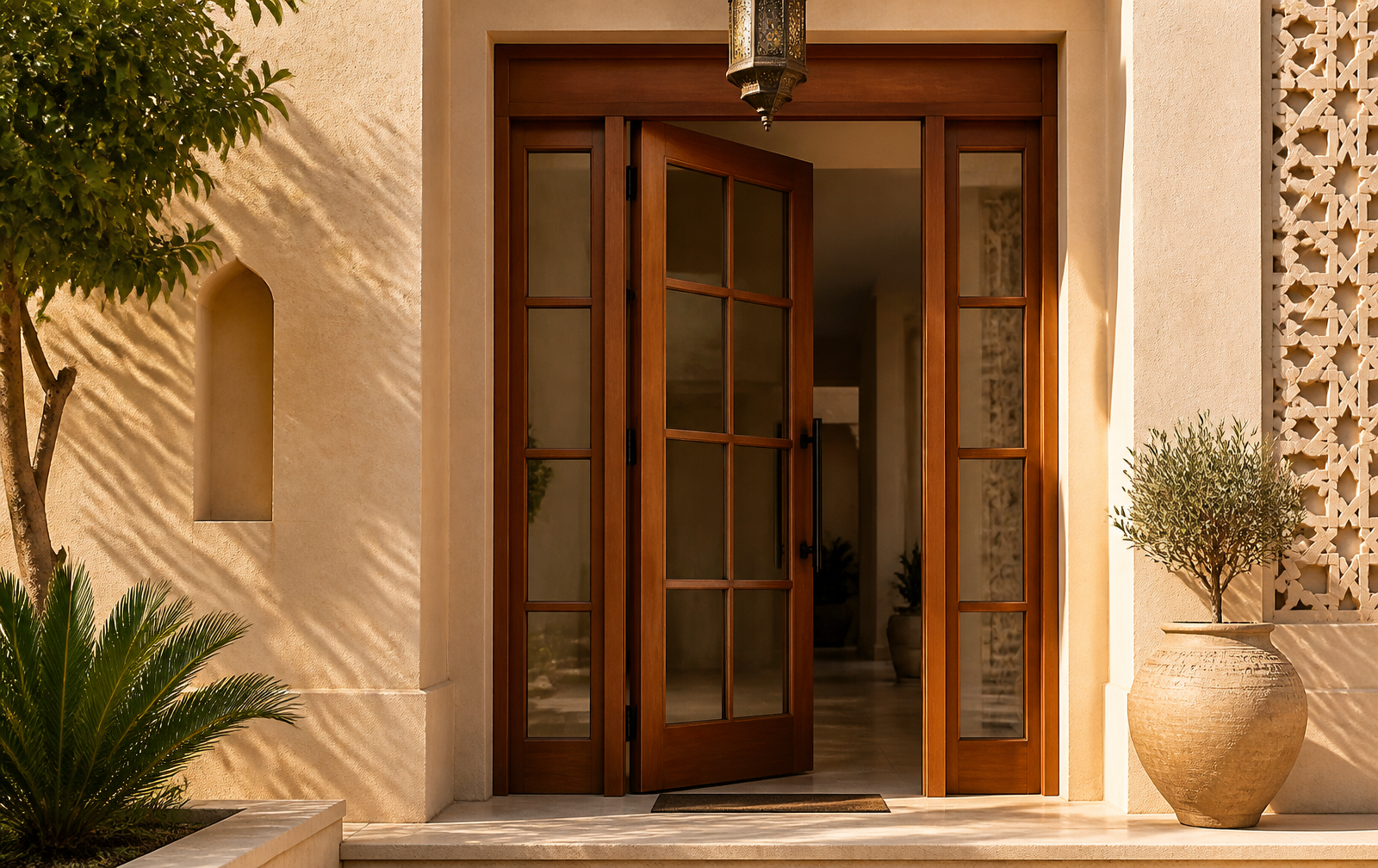 Glazed double swing entry doors for an Iraq residential rebuild planning case