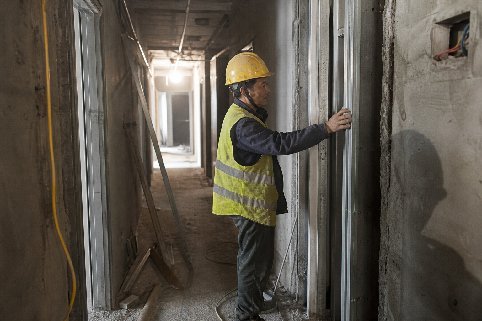 Chinese construction team checking repeated interior door installations in a multifamily corridor