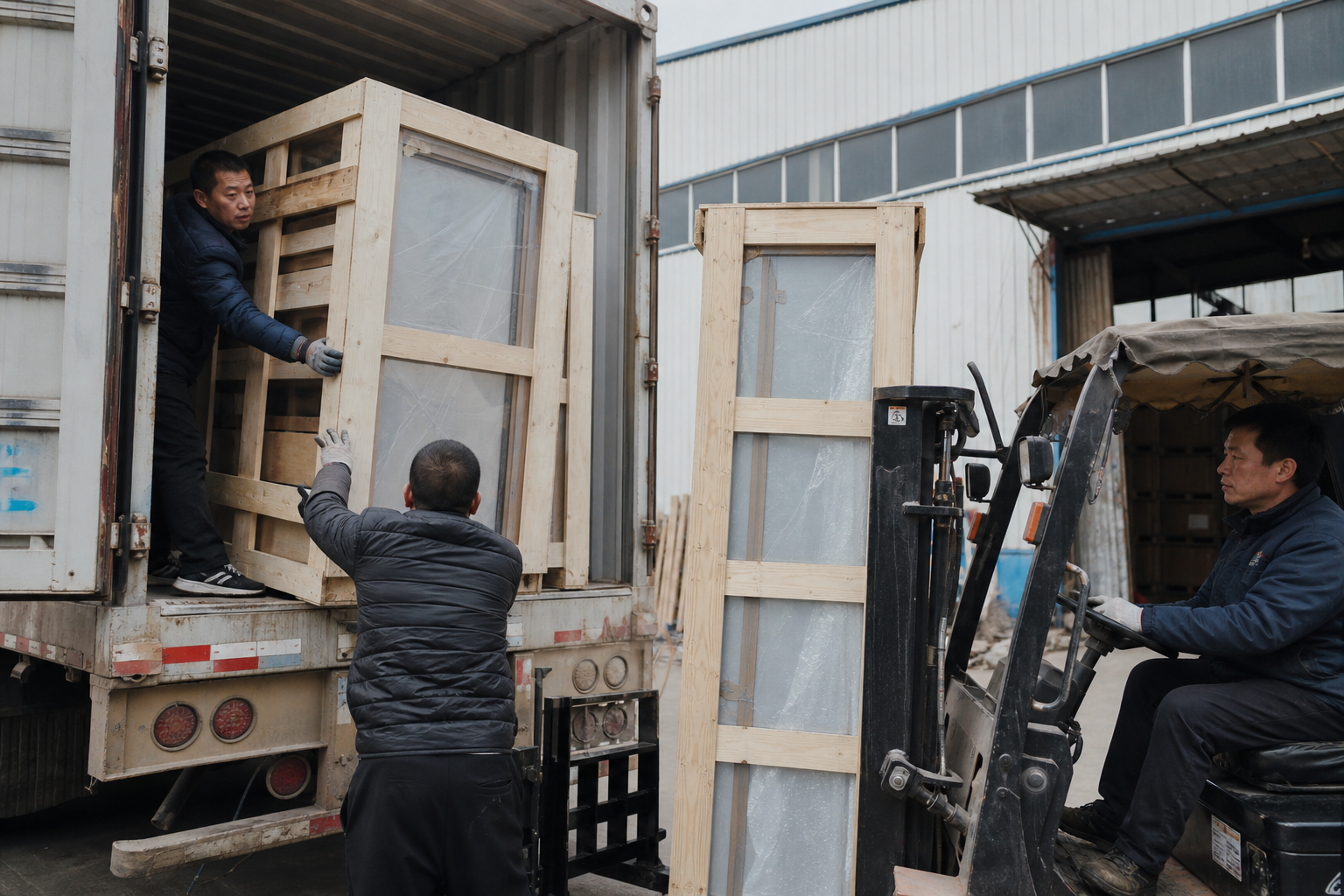 Chinese logistics team preparing export packing for multifamily doors grouped by opening ID