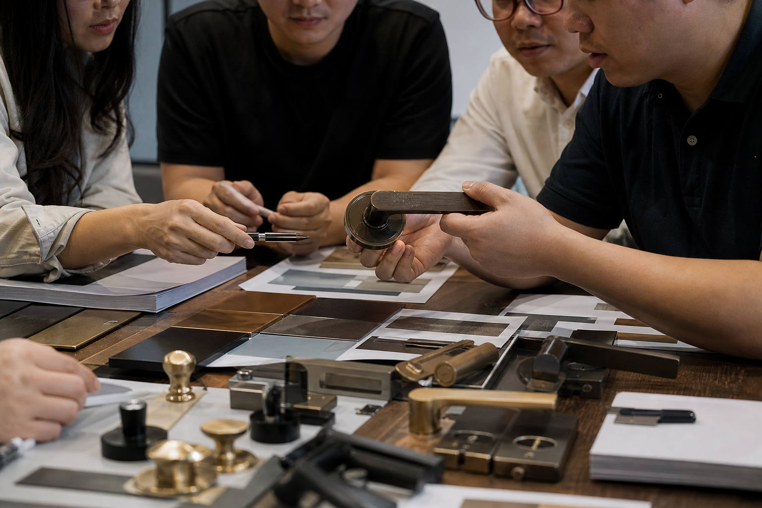 Chinese project team reviewing multifamily door samples dimensions and hardware specifications