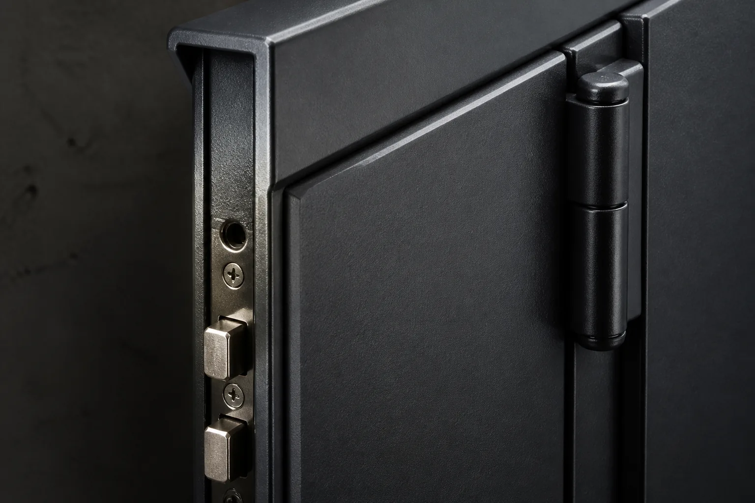 Reinforced anti-pry edge detail on a dark steel security door