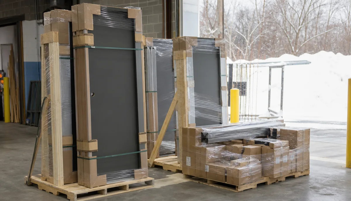 Protected multifamily door-set bundles prepared for staged delivery