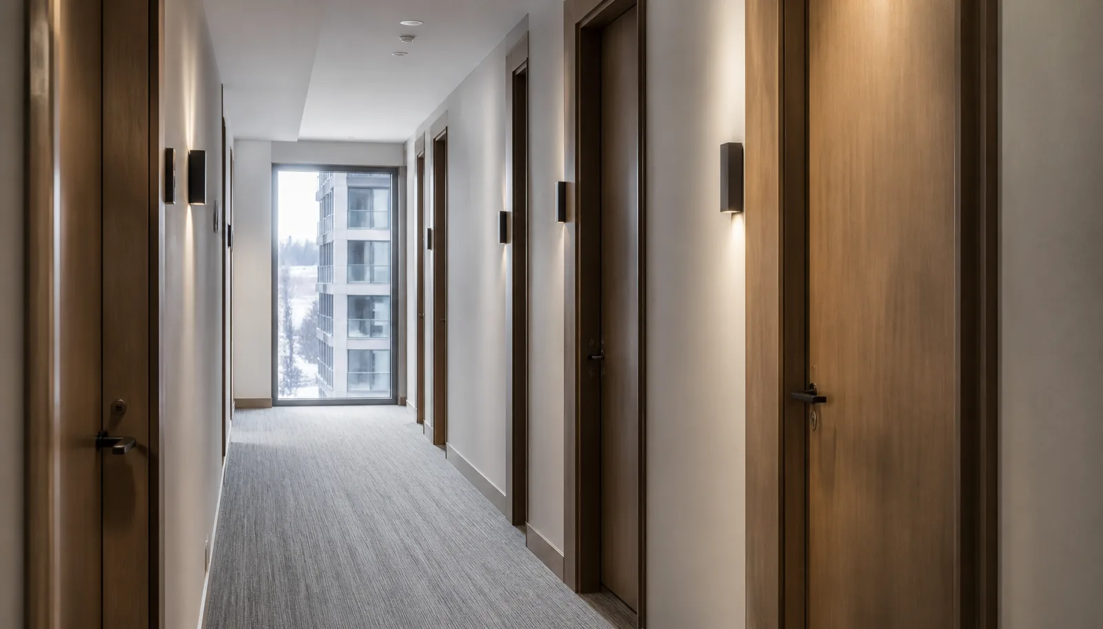 Canadian multifamily apartment corridor with repeated installed interior doors