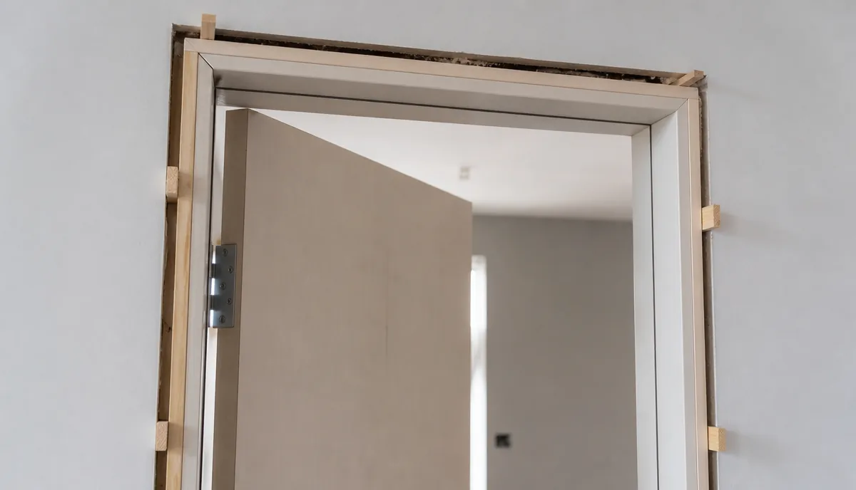 Partially installed prehung door showing rough opening and frame alignment