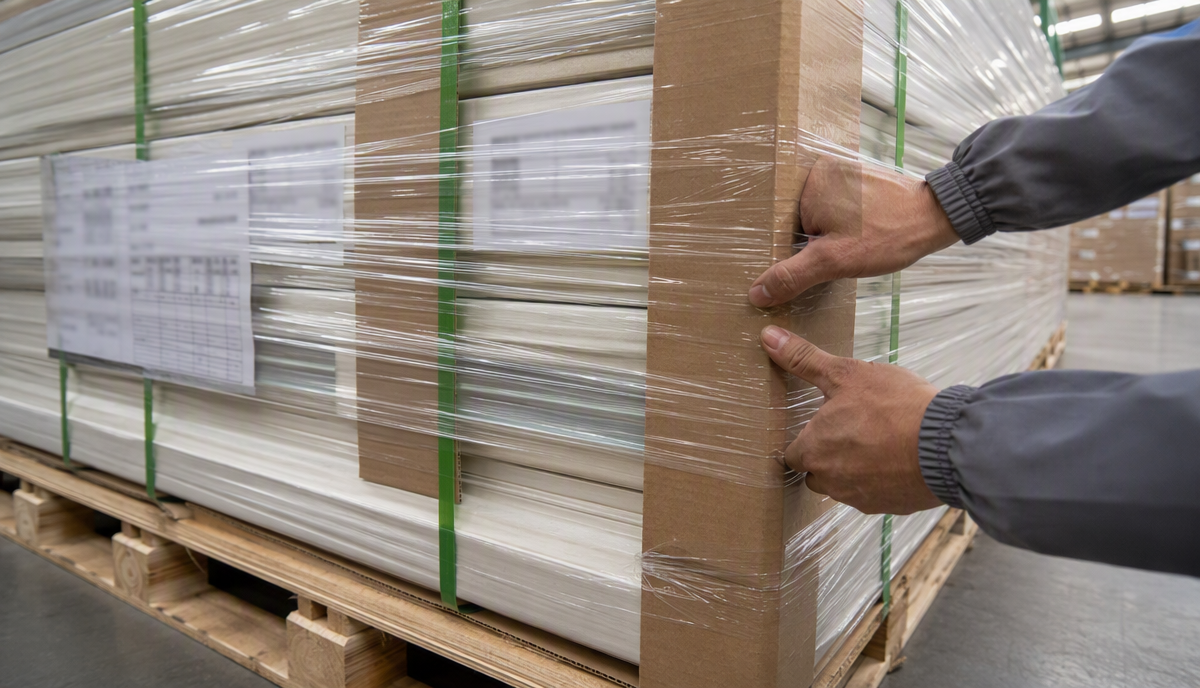 Bulk export packaging detail with pallets, corner guards and wrapped door sets