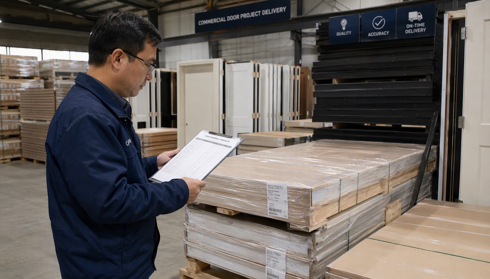 Project door schedule review and warehouse loading scene for bulk delivery planning