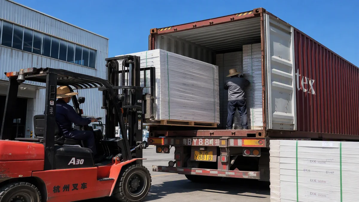 Workers loading protected door pallets into a 40HQ container for a US project