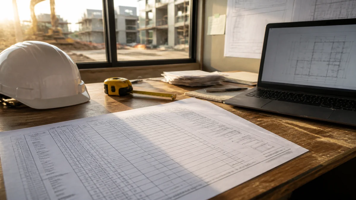 Construction project office table with a door schedule, tape measure and site documents