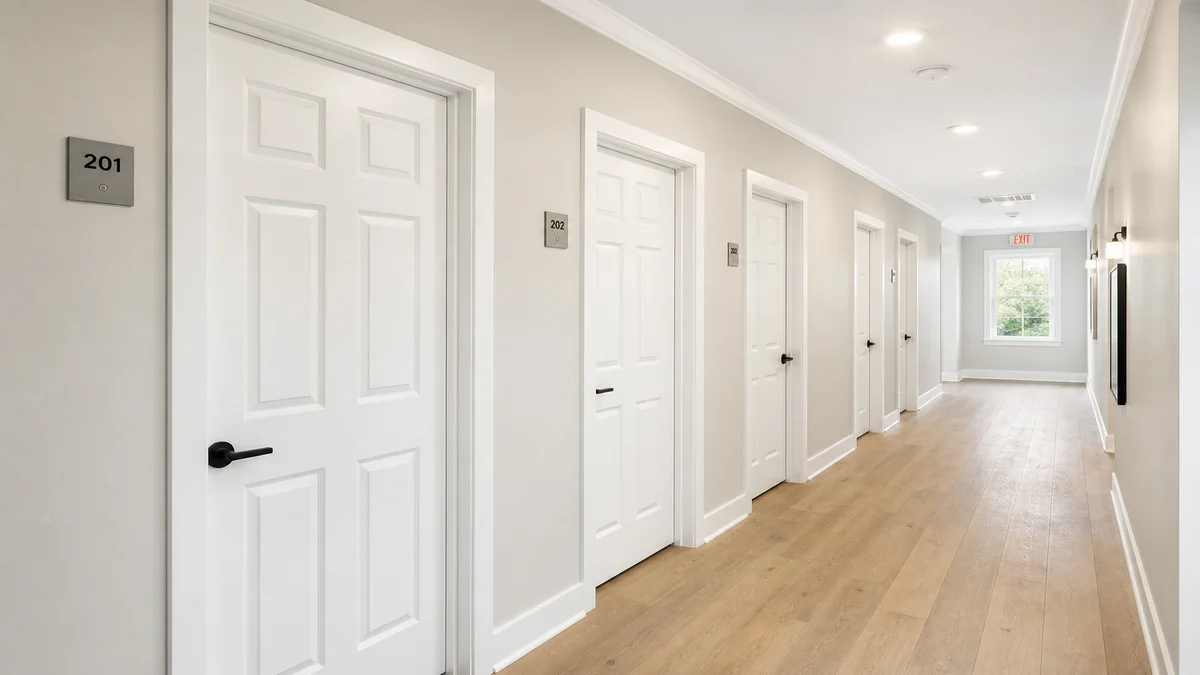 Newly installed white primed interior doors in a US multifamily apartment corridor