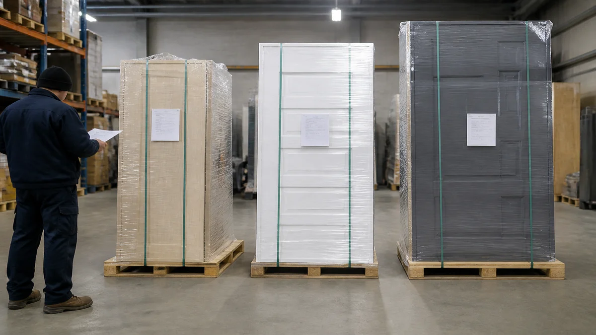 Pallets of different door widths sorted in an export warehouse