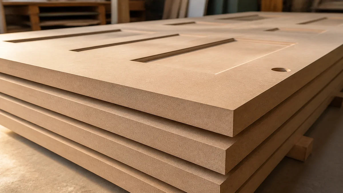 Stack of unfinished MDF slab doors showing clean cut edges and smooth surfaces