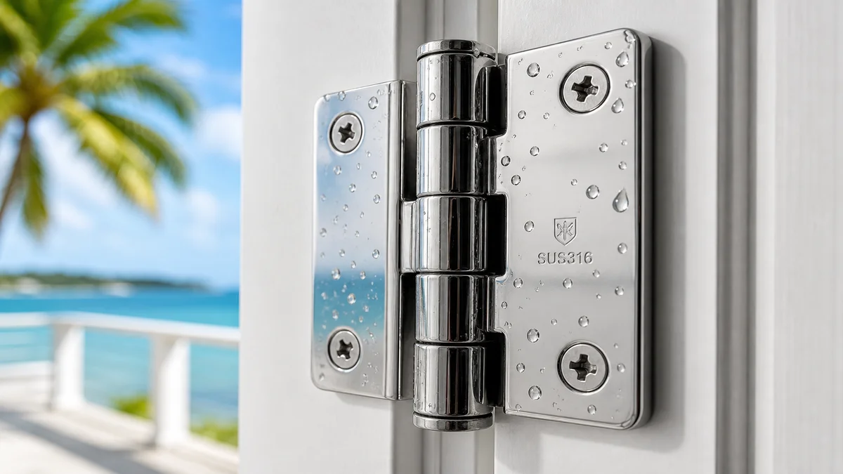 Marine-grade stainless steel hinge mounted on a resort door frame