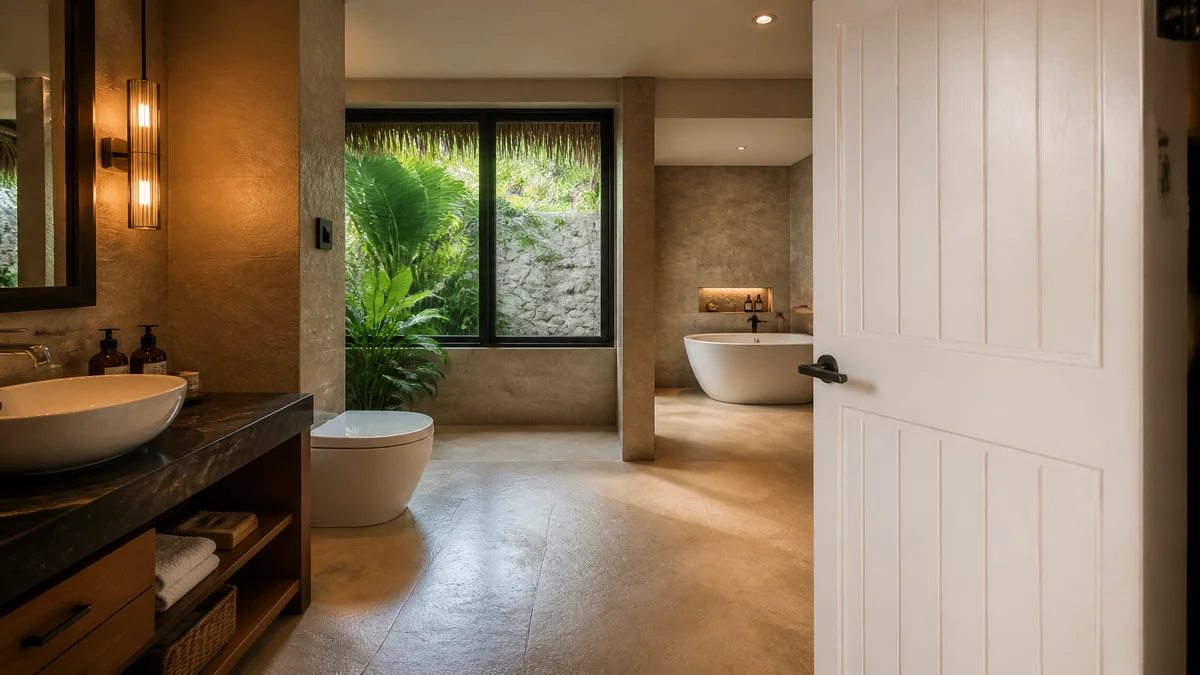 White WPC bathroom door in a tropical resort interior