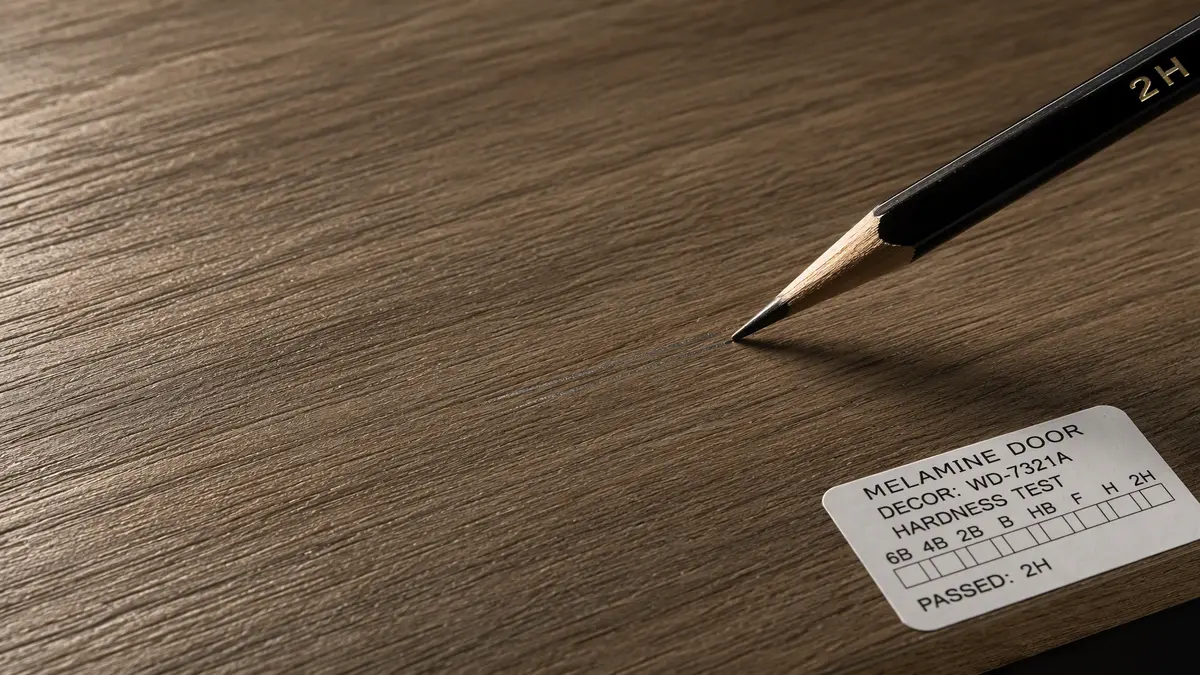 Scratch-resistance test on a wood-grain melamine interior door surface