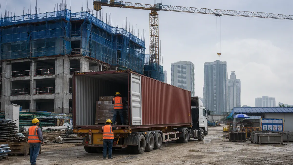 Container delivery arriving at an urban condominium construction site in the Philippines