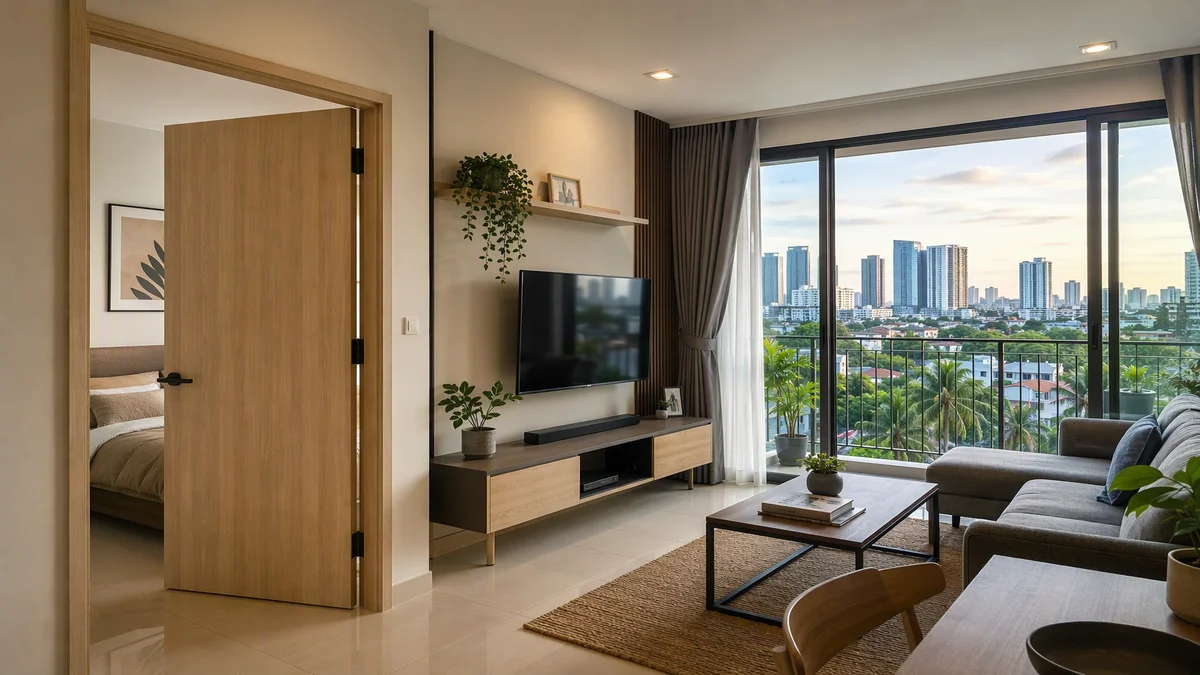 Wood-grain melamine interior door in a modern Metro Manila condominium unit