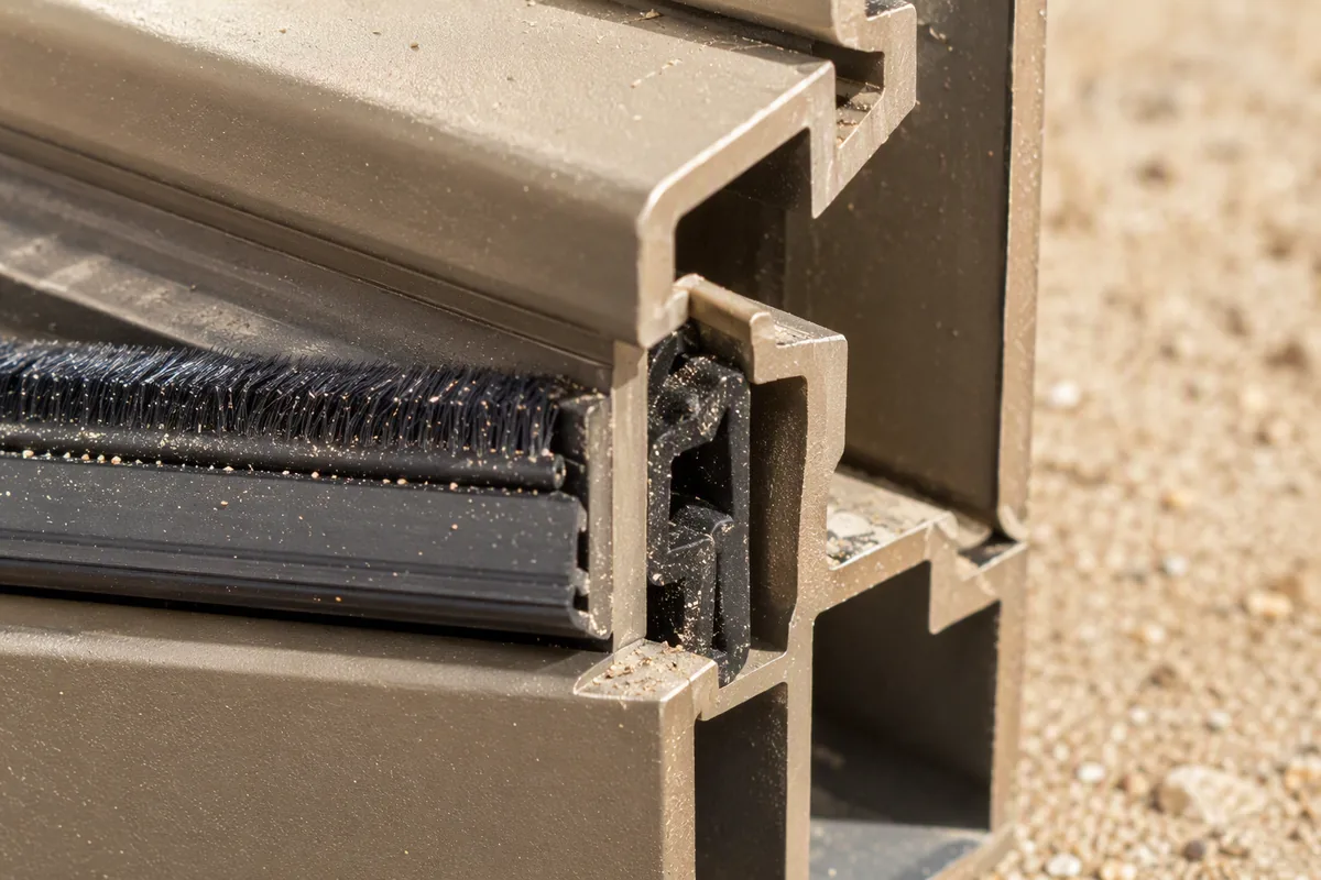 Layered weather seals on an aluminium entry door for a sandy climate