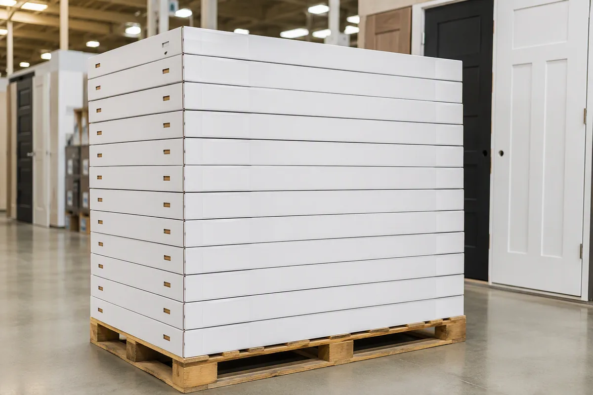 Neutral retail-ready cartons prepared for a private-label door range