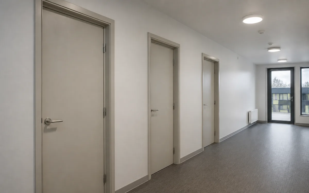 Repeated WPC bathroom doors along a student housing corridor in New Zealand