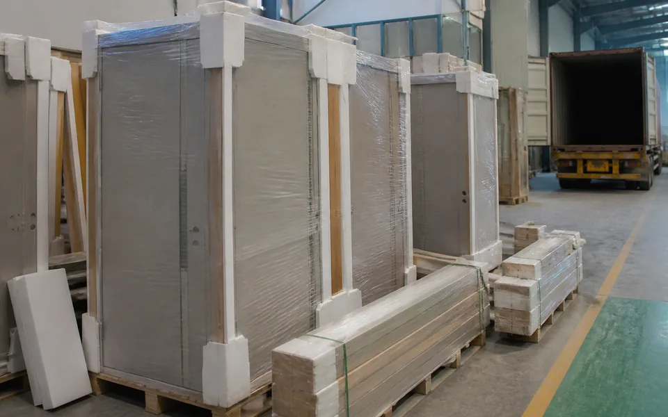 Grouped WPC bathroom door sets protected for student housing delivery